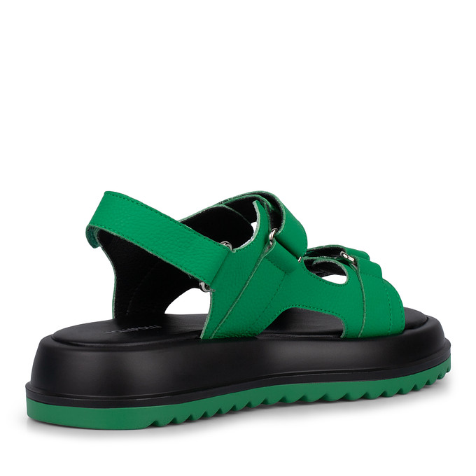 Женские кожаные зеленые сандалии с черной подошвой и застежками на липучку LOLLI|POLLI