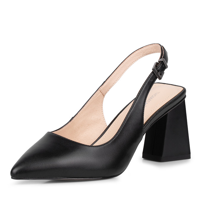 Черные женские кожаные туфли с острым мыском на устойчивом каблуке  Томас Мюнц