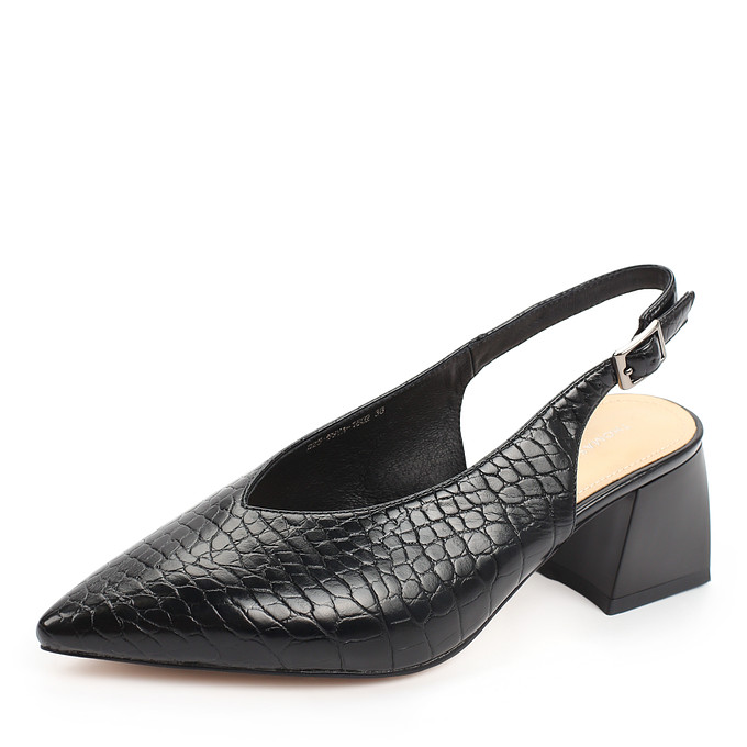 Черные женские туфли с острым мыском и открытой пяткой из кожи «под крокодила» Thomas Munz