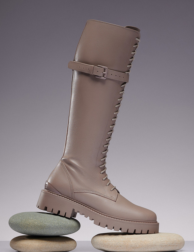 Бежевые женские кожаные сапоги со шнуровкой MASCOTTE 233-3202124-4140M | ракурс 1